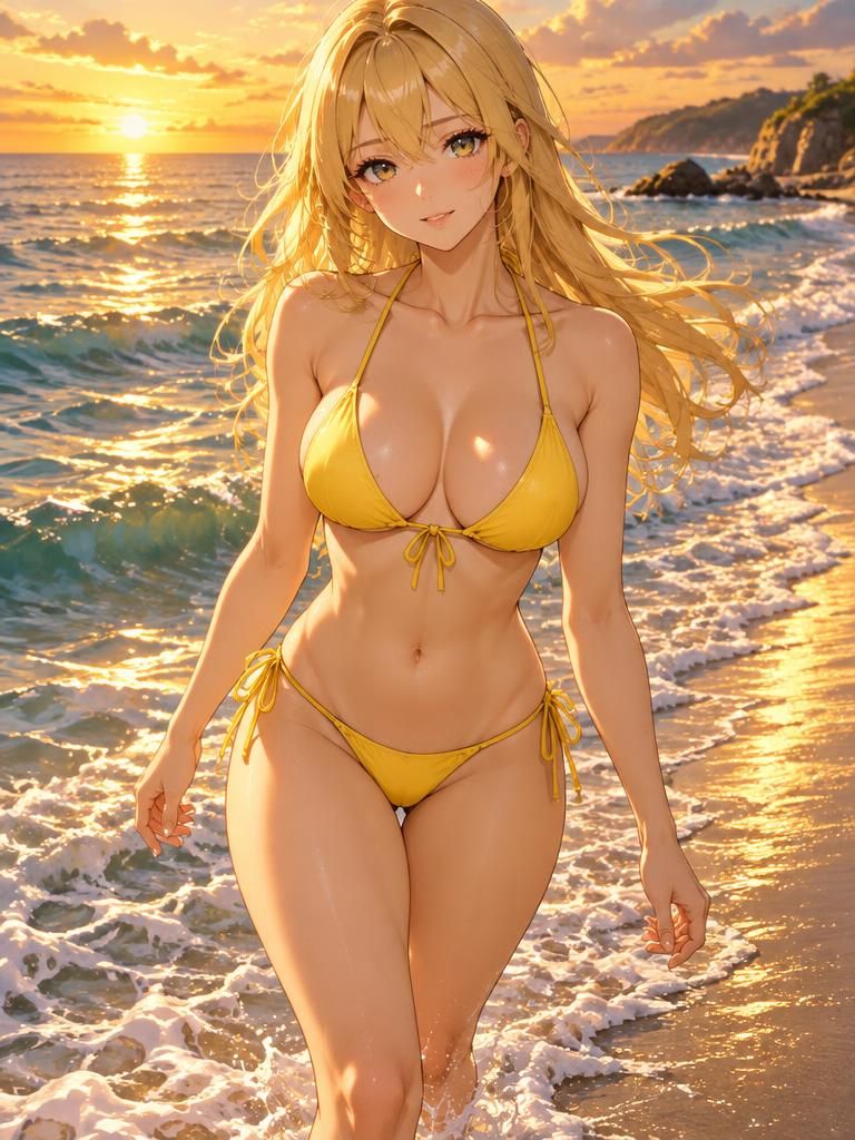 Hikari walking on the shore at golden hour in Chat Anime