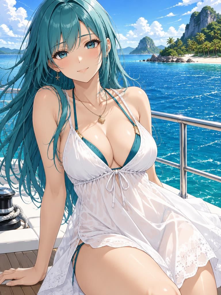 Mizuki on a yacht near tropical islands in Chat Anime